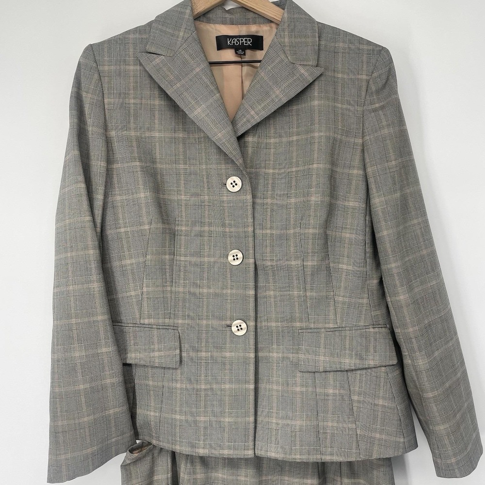 VTG 90s Kasper Blazer Skirt Suit Women 14 Glen Plaid Brown Ruffle Hem Preppy